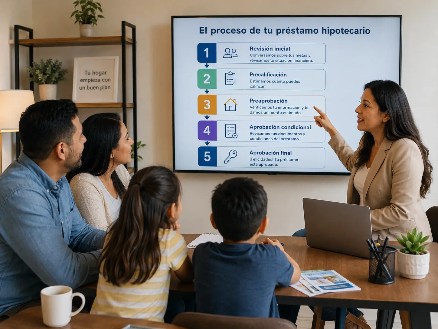 Asesor hipotecario explicando a una familia hispana la diferencia entre revision inicial y aprobacion